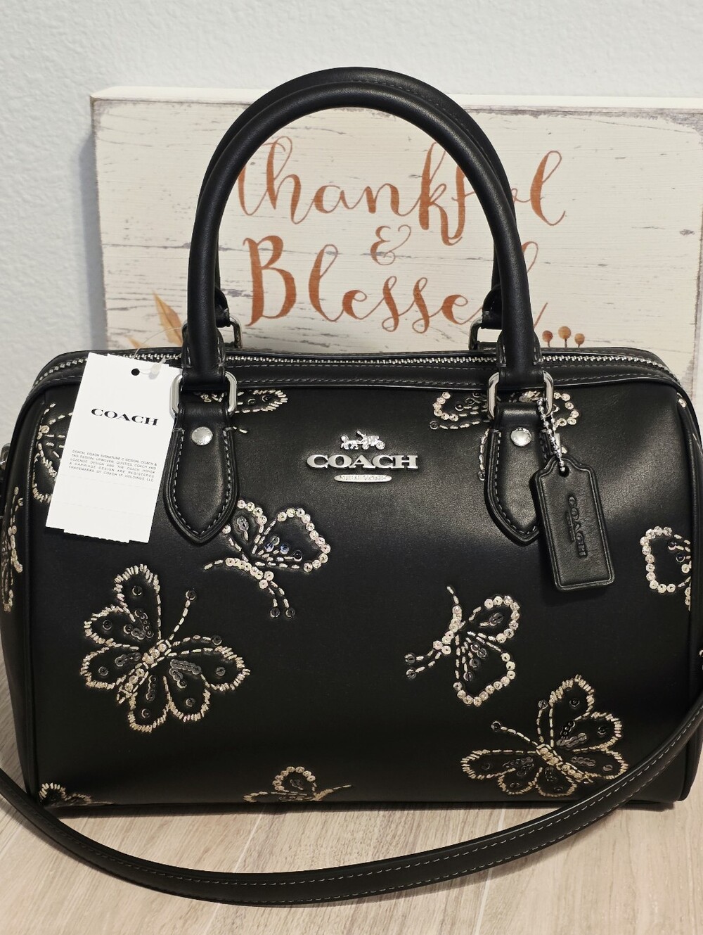 NEW Coach Butterfly Medium Rowan Black Satchel Crossbody Bag Purse Silver CCK88